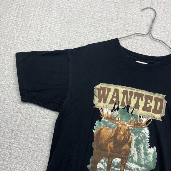 Vintage Hunting T-shirt Wanted Moose Graphic Tee Men Sz M Black Forest Camp - Picture 2 of 14